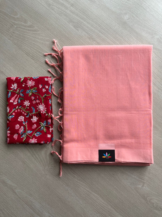 Handloom Mangalagiri Plain Cotton Saree with Contrast Blouse Fabric-23457