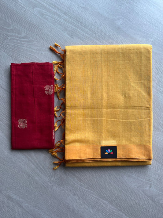 Handloom Mangalagiri Plain Cotton Saree with Contrast Blouse Fabric-23458