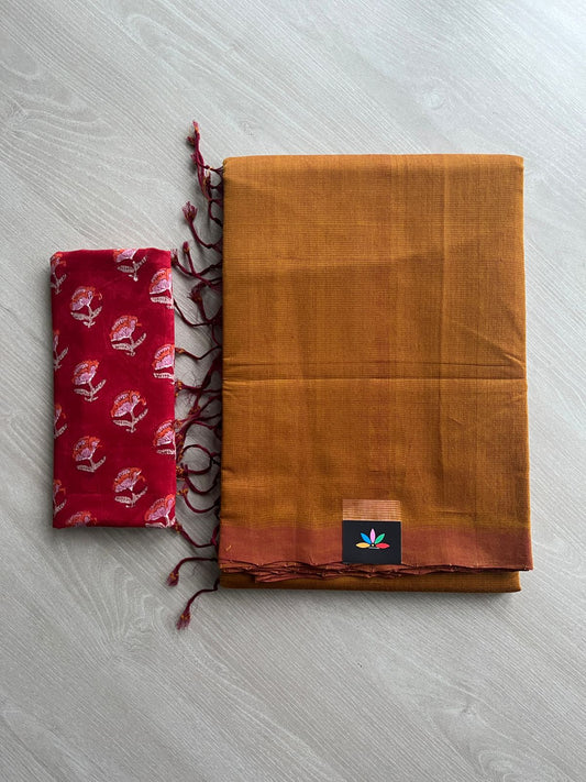 Handloom Mangalagiri Plain Cotton Saree with Contrast Blouse Fabric-23459