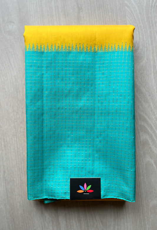 Handwoven Kancheevaram Silk Saree in Marigold Yellow and Aqua Blue -109