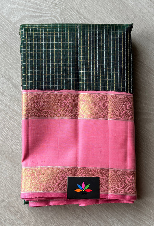 Handloom Kanchipuram Silk Saree with Dark Green Checks, Contrast Pink Korvai Border & Rich Pallu -PSA113