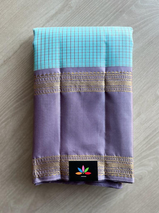 Handwoven Checked Kancheevaram Silk Saree in Arctic Blue and Lilac - 116