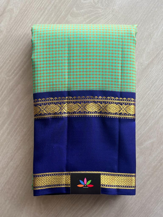 Handwoven Checked Kancheevaram Silk Saree in Mint Green and Royal Blue -142