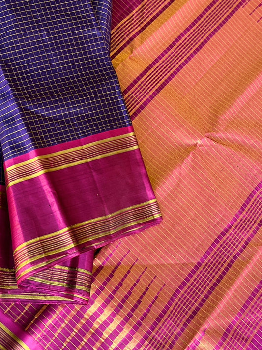 Handwoven Checked Kancheevaram Silk Saree in Deep Midnight Blue and Raspberry Pink - 149