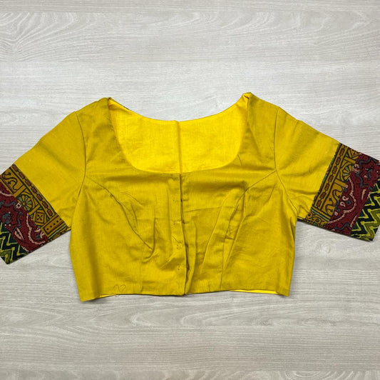 Size 38-Emrboidered Ajrakh Patch Work Blouse (Yellow)-2927