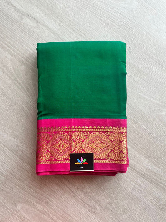 Korvai Silk Cotton Saree With Contrast Pallu and Blouse (Green And Pink)-1337