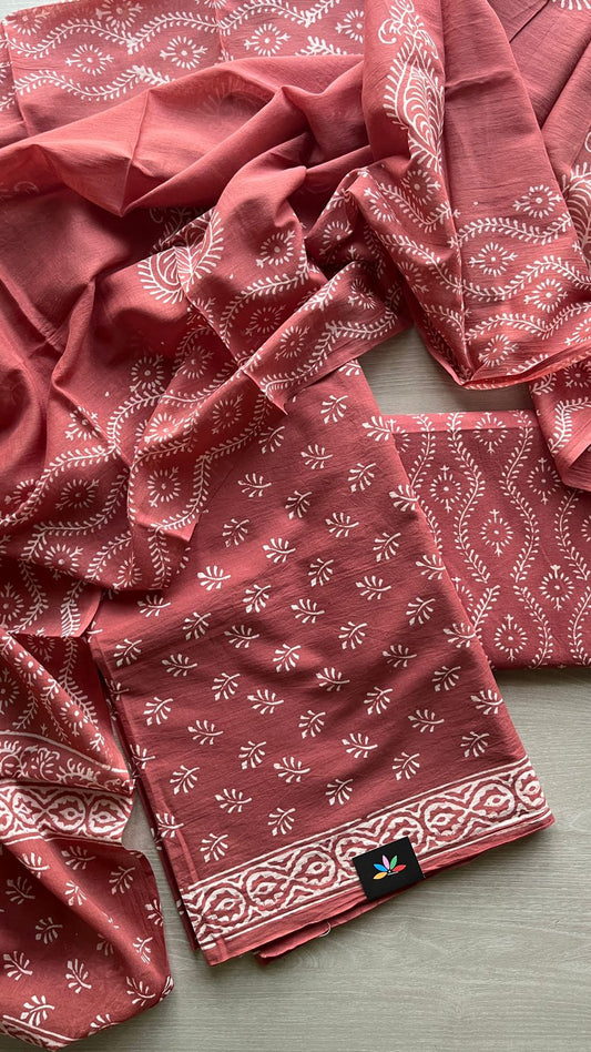 Hand Block Printed Cotton 3 Piece Unstitched Suit Set with Cotton Duppata -24592