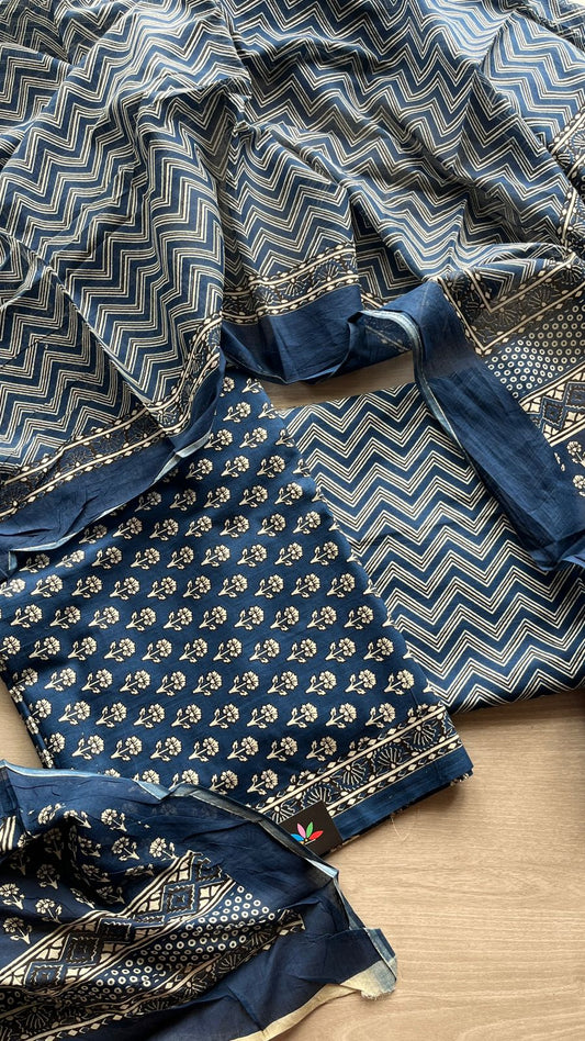 Hand Block Printed Cotton 3 Piece Unstitched Suit Set with Cotton Duppata -24594