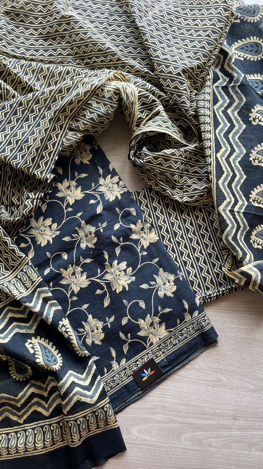 Hand Block Printed Cotton 3 Piece Unstitched Suit Set with Cotton Duppata -24597
