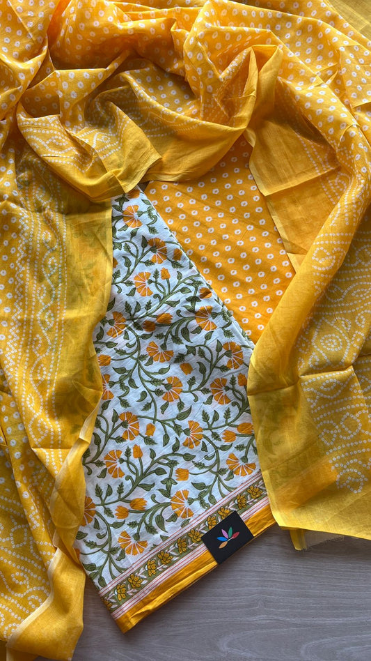 Hand Block Printed Cotton 3 Piece Unstitched Suit Set with Cotton Duppata -24599