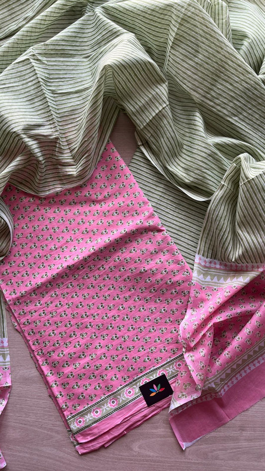 Hand Block Printed Cotton 3 Piece Unstitched Suit Set with Cotton Duppata -24600