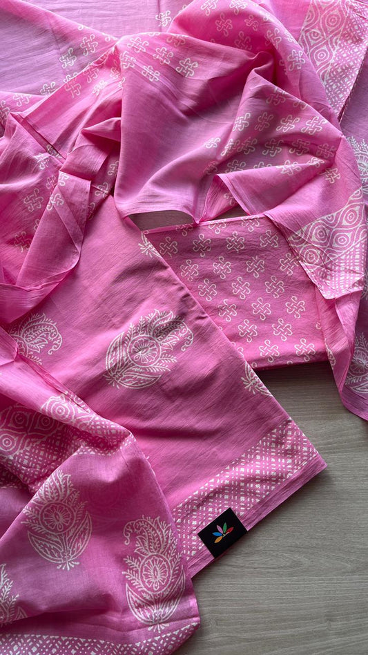 Hand Block Printed Cotton 3 Piece Unstitched Suit Set with Cotton Duppata -24601