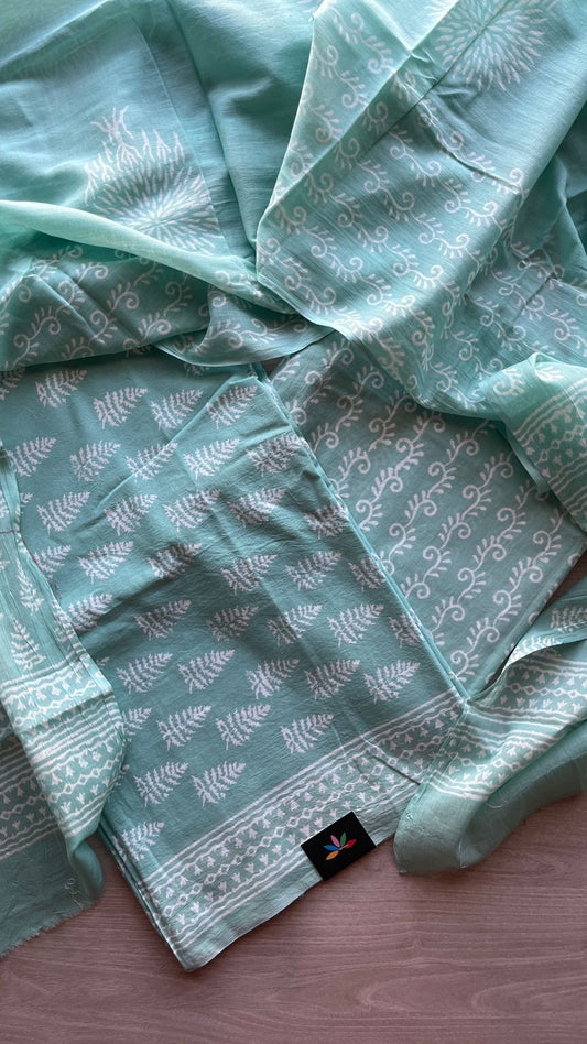 Hand Block Printed Cotton 3 Piece Unstitched Suit Set with Cotton Duppata -24605