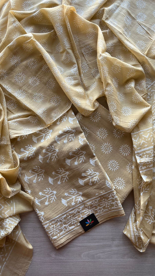 Hand Block Printed Cotton 3 Piece Unstitched Suit Set with Cotton Duppata -24607