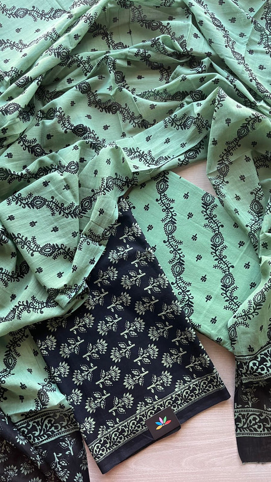 Hand Block Printed Cotton 3 Piece Unstitched Suit Set with Cotton Duppata -24608