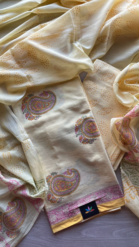 Hand Block Printed Cotton 3 Piece Unstitched Suit Set with Cotton Duppata -24609