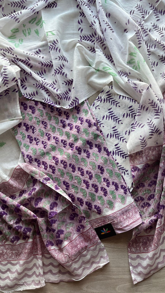 Hand Block Printed Cotton 3 Piece Unstitched Suit Set with Cotton Duppata -24611