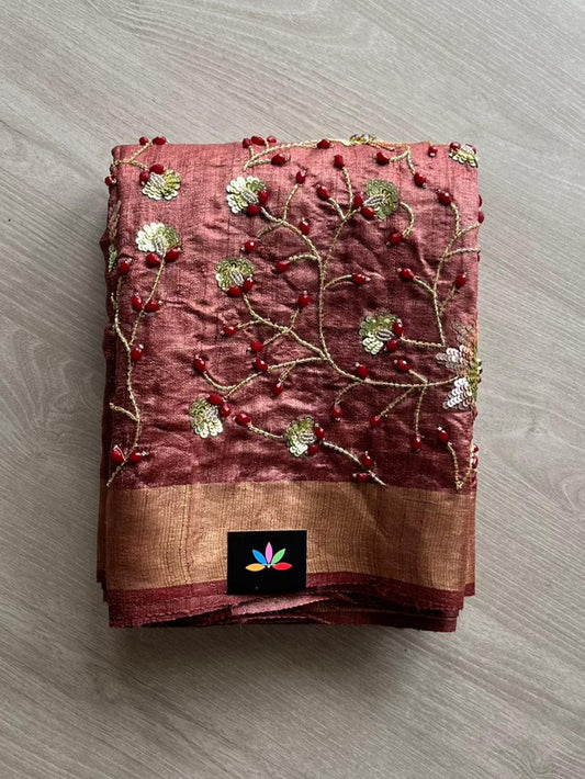 Hand embroidered Desi Tussar Silk Saree-12722