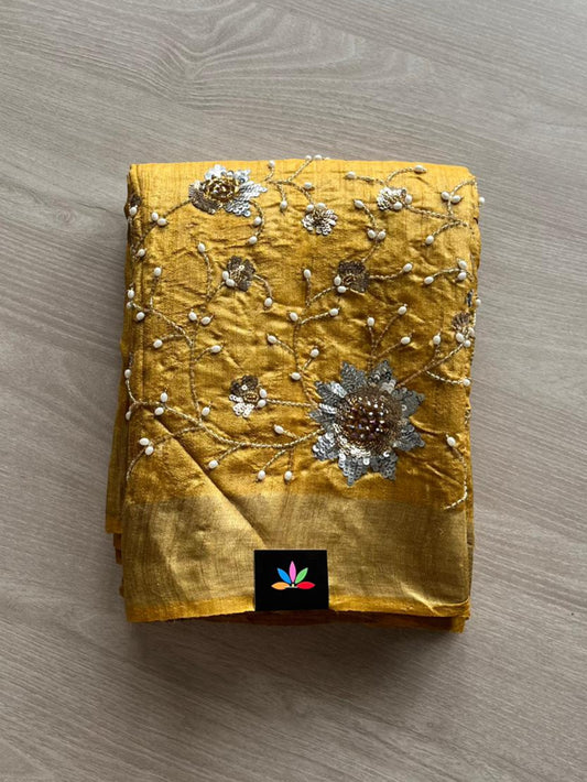 Hand embroidered Desi Tussar Silk Saree-12723