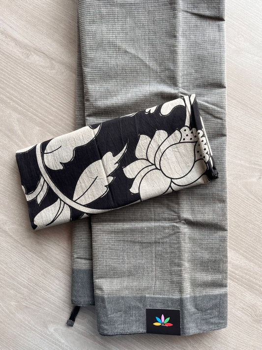 Gray Plain Mangalagiri Cotton Saree with Printed Cotton Blouse-30503-30505