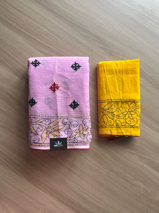 Gujarati Stitch with Kantha Stitch Cotton Saree -22197