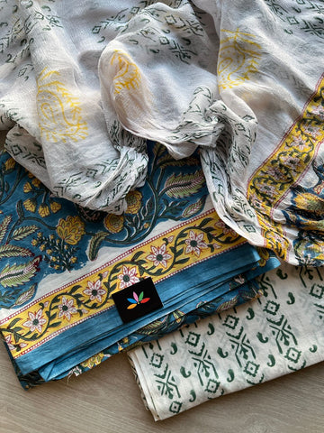 White & Deep Sky Blue Hand Block Printed Mul Cotton 3 Piece Set with Chiffon Duppata -29101