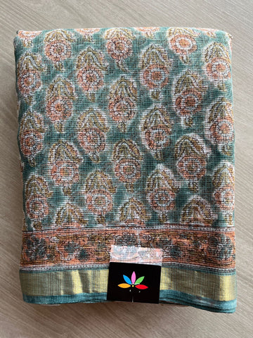 Teal Green Handblock Printed Kota Doria Saree -10701-10702