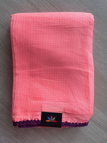 Peach Pink Crochet Border Hand Embroidered Silky Kota Saree - 10713