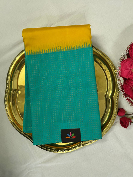 Handwoven Kancheevaram Silk Saree in Marigold Yellow and Turquoise -109