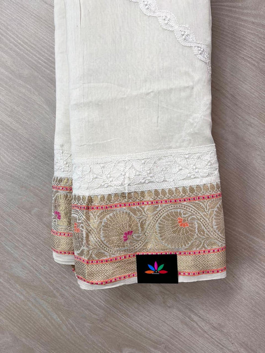 Designer Chikankari  Hand Embroidered Chanderi Silk Cotton Saree - CG11300