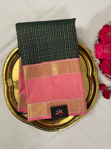 Handloom Kanchipuram Silk Saree with Dark Green Checks, Contrast Pink Korvai Border & Rich Pallu - 113