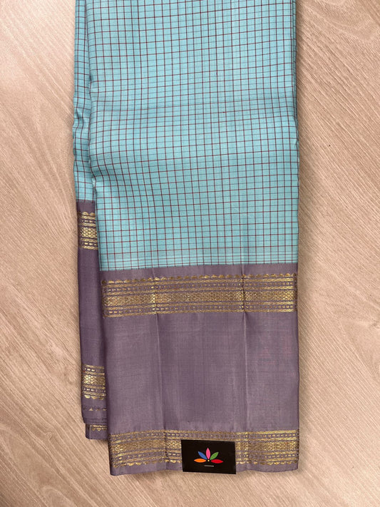 Handwoven Checked Kancheevaram Silk Saree in Arctic Blue and Lilac - 116