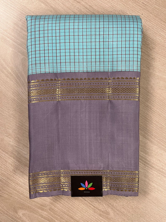 Handwoven Checked Kancheevaram Silk Saree in Arctic Blue and Lilac - 116