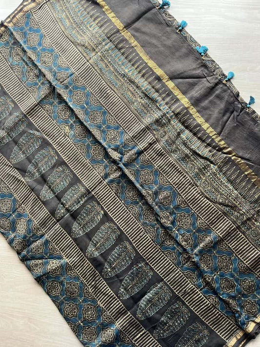 Special Design Natural Dyed Ajrakh Chanderi Silk Cotton Saree-12069