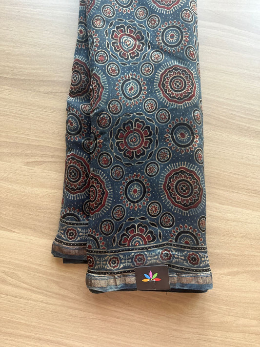 Special Design Natural Dyed Ajrakh Chanderi Silk Cotton Saree -12070