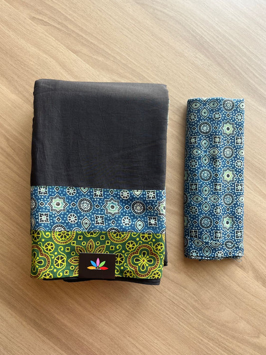 Natural Dyed Ajrakh Patch Work Cotton Saree -12301