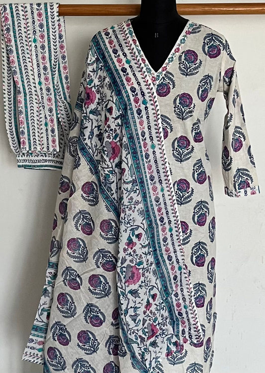 Printed Cotton Kurti 3 Piece Stitched Suit with Embroidery-12607-12610