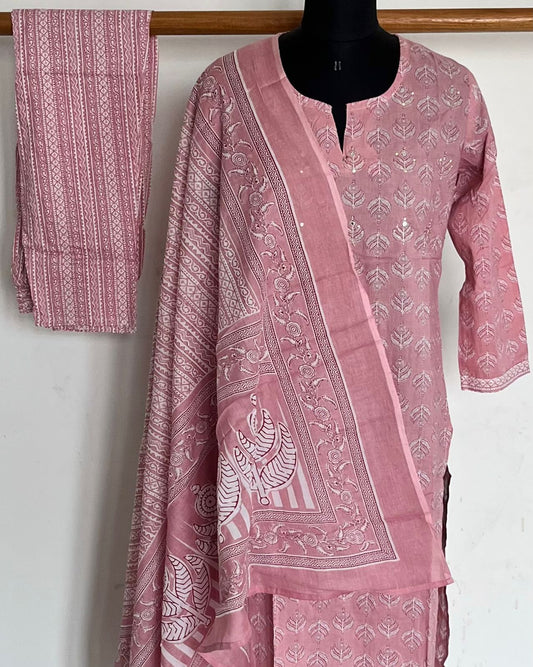 Printed Cotton Kurti 3 Piece Stitched Suit with Embroidery-12627- 12630