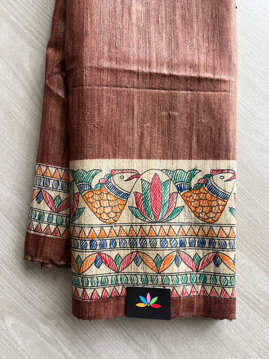 Dyed Madhubani Handpainted Ghicha Tussar Silk Saree -13291