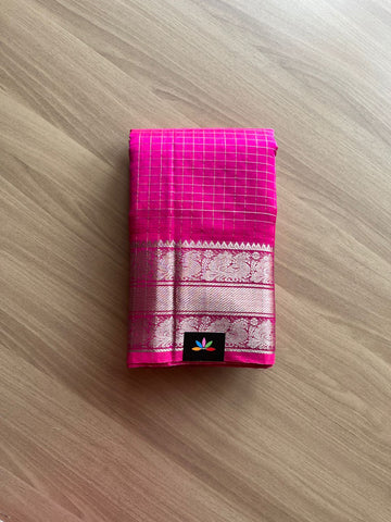 Rani Pink Checked Kanchi Border Mangalagiri Cotton Saree -14404