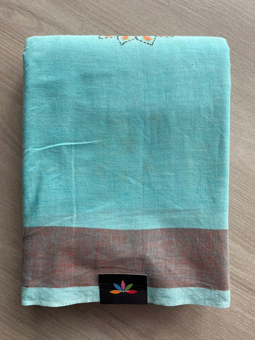 Light Aqua Shade Kantha Stitch Cotton Saree -15232