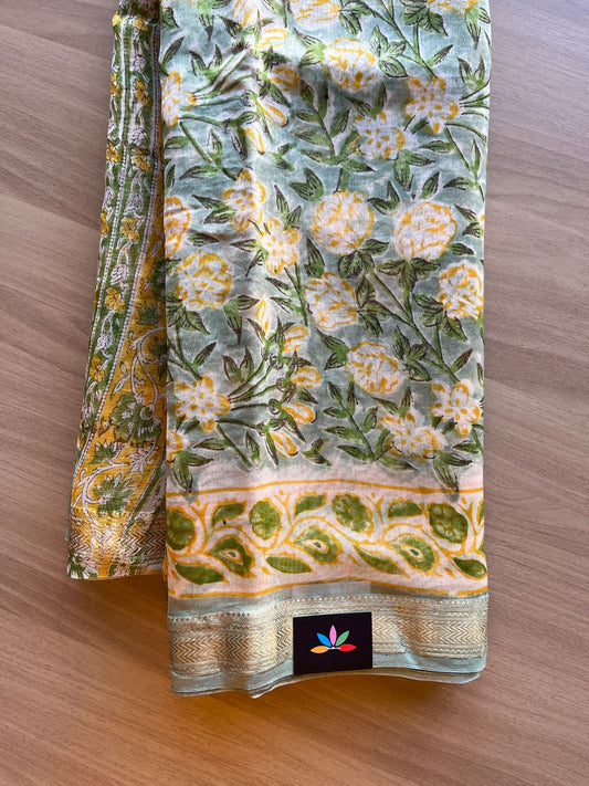 Big Zari Border Handblock Printed Chanderi Silk Cotton Saree -16197-16198