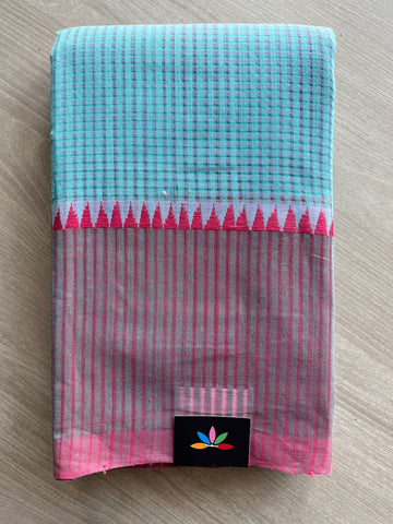 Aquamarine Blue Missing checks Handloom Mangalagiri Cotton Saree -16251