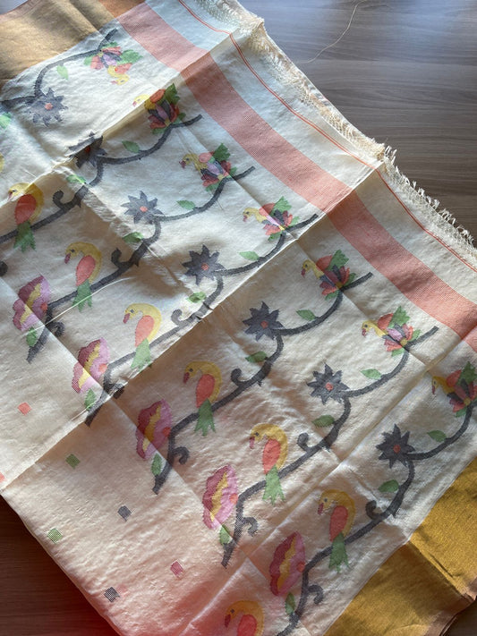 Offwhite Handwoven Pure Tussar Silk Jamdani Saree- 16821