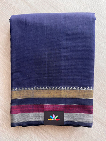 Midnight Blue Handwoven Contrast Border Mangalagiri Cotton Saree -17353-17354