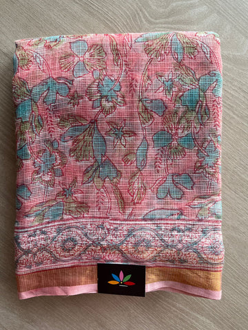 Muted Pink Handblock Printed Fine Kota Doria Saree with Zari Border -18311