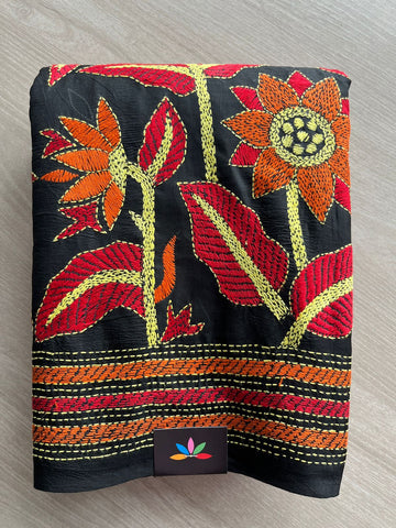 Black Kantha Hand Embroidered Pure Bangalore Silk Saree -18549