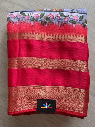 Lavender & Bright Red Pichwai Design Printed Blended Kota Silk Saree -18573