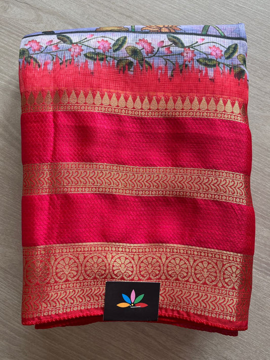 Lavender & Bright Red Pichwai Design Printed Blended Kota Silk Saree -18573