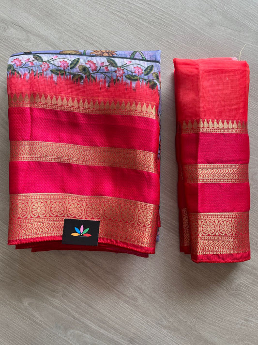 Lavender & Bright Red Pichwai Design Printed Blended Kota Silk Saree -18573